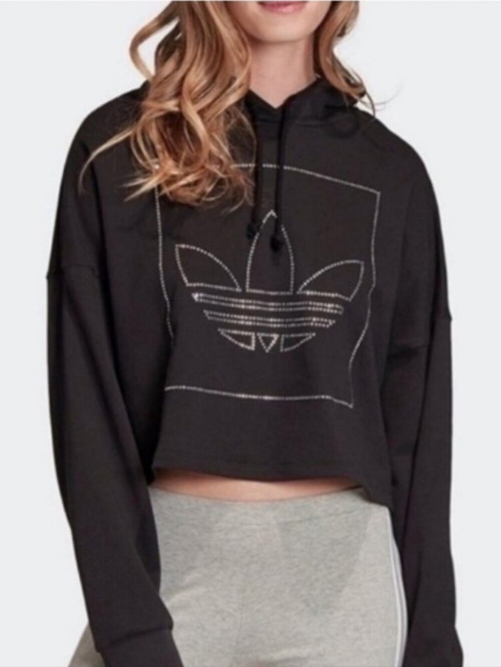 Adidas Originals Black Silver Rhinestone Trefoil Cropped Hoodie XS
